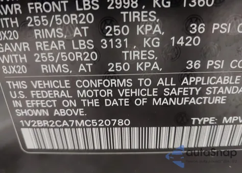 2021 Volkswagen Atlas 3.6L V6 Sel z USA, uszkodzony, nr VIN 1V2BR2CA7MC520780